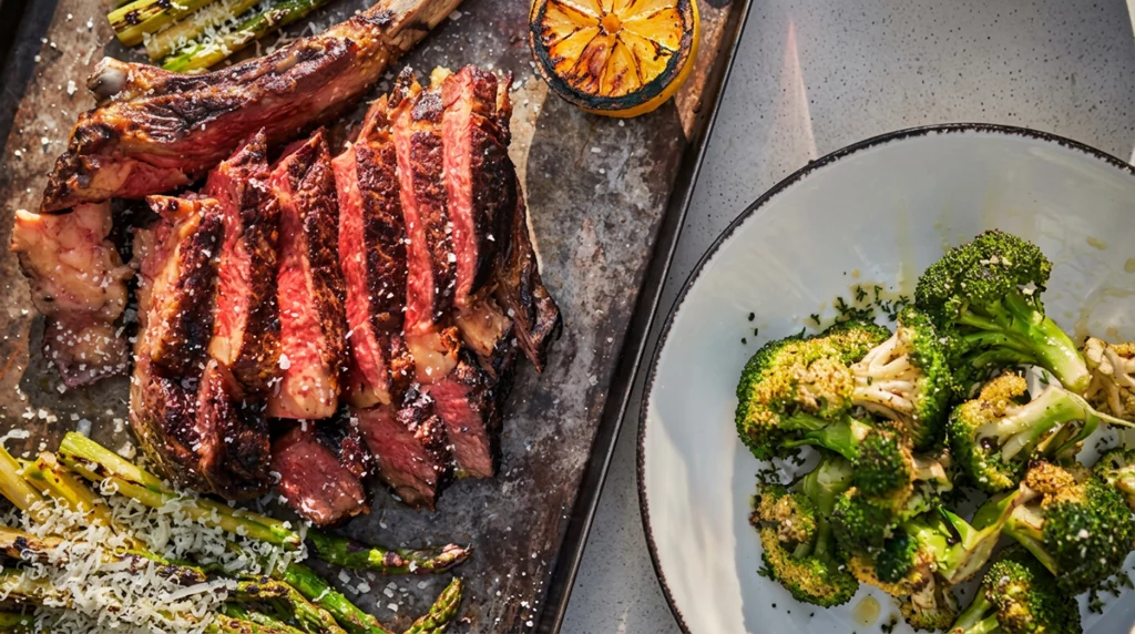 Skivad cowboy steak med rosa snittyta på en plåt med grillad sparris och citron, bredvid ett fat med eldad broccoli