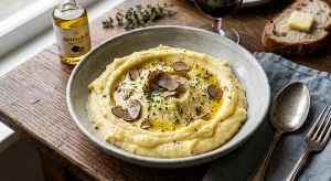 Krämig potatispuré i en keramikskål, toppad med hyvlad tryffel, tryffelolja och gräslök, på ett träbord