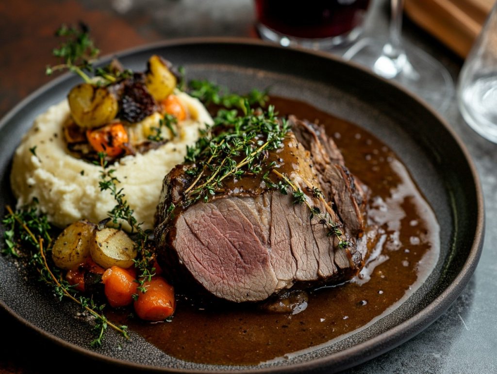 Skivad älgstek med gräddsås, potatispuré och rostade rotfrukter på en mörk tallrik, toppad med timjan