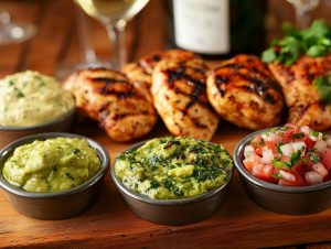 Grillad kyckling med tre kalla såser i skålar: avokadosås, chimichurri och tomatsalsa