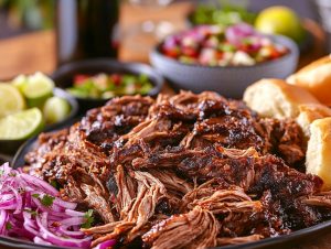 Pulled älg på ett fat med picklad rödlök, limeklyftor och bröd, med en skål salsa i bakgrunden