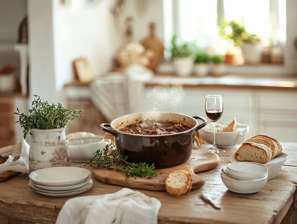 Mustig köttgryta med högrev, morötter och palsternacka i gryta, toppad med persilja