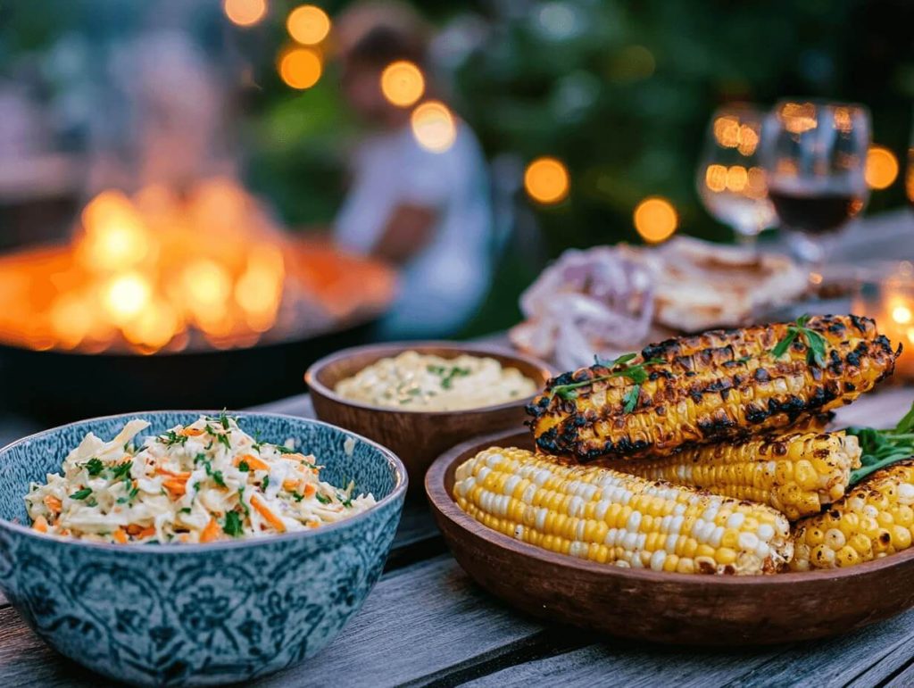Tillbehör till grillat på ett träbord: sallad, grillade majskolvar och dippsås, med en tänd grill i bakgrunden