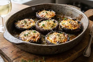 Sex fyllda portabellosvampar gratinerade med parmesan och toppade med timjan, i en ugnsform av keramik